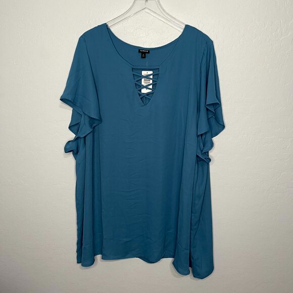 Torrid Georgette Lattice V Neck Flutter Sleeve Bluesteel Blouse Top 6 6X 30 - Picture 1 of 6